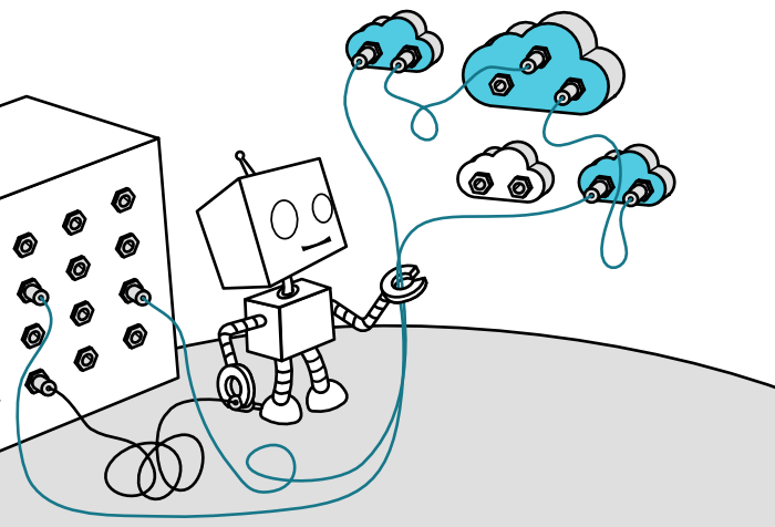 robot connecting cables from big system into clouds illustration